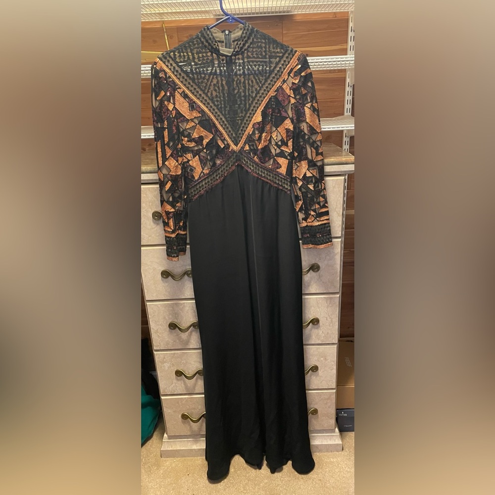 Tadashi Shoji Black and Orange Long Sleeve Dress